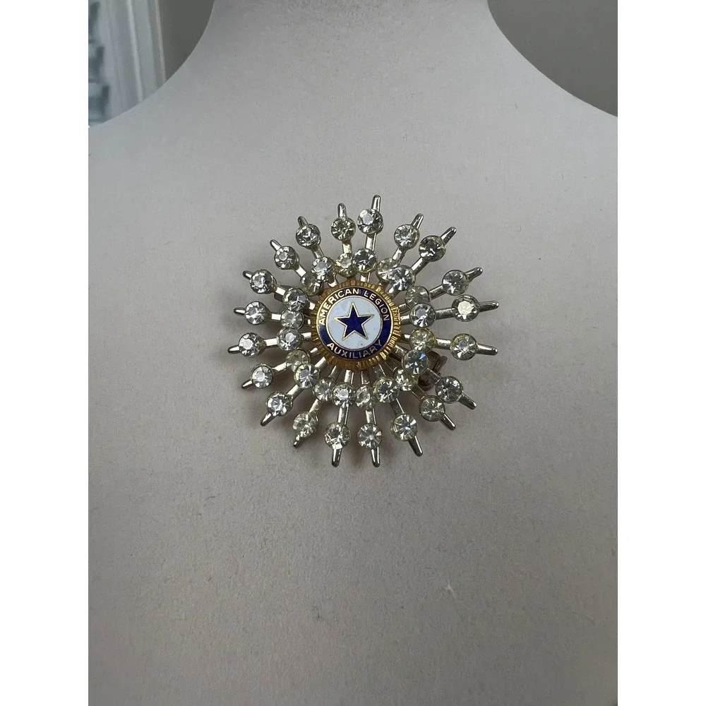Vintage American Legion Auxiliary Starburst Rhinestone Brooch Pin Silver Tone